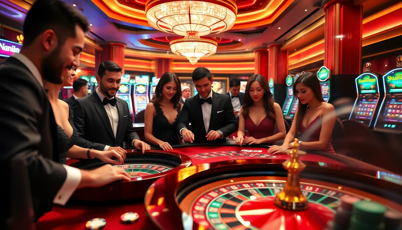 Players enjoying the nk88-themed casino experience with vibrant tables and lively atmosphere.