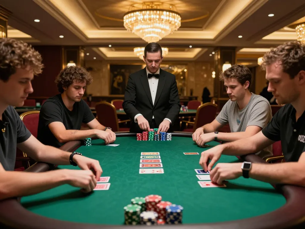 Players strategizing at a high-stakes poker table at FABET, showcasing intense gameplay.