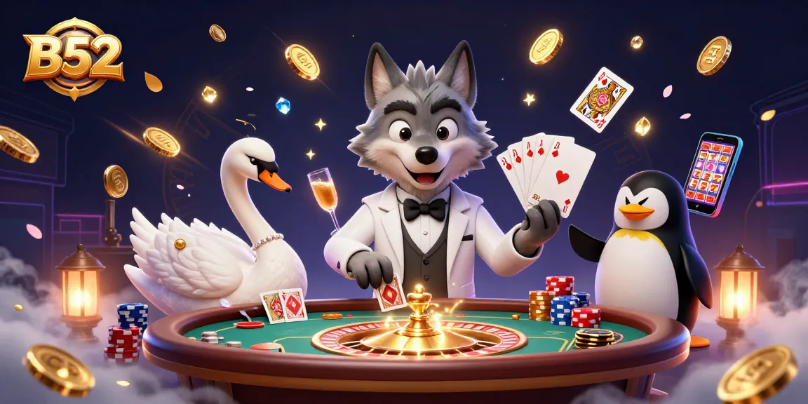 Experience the excitement of B52 gaming with a vibrant 3D illustration of debonair characters at the baccarat table.