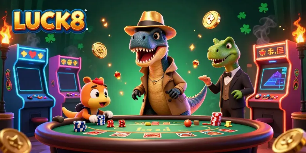 LUCK8 velociraptor at blackjack table surrounded by colorful casino elements and glowing icons.