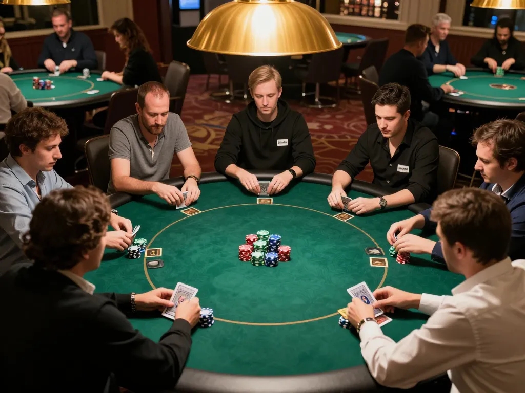 Players strategizing at a premium poker table in a luxury casino setting at lv88