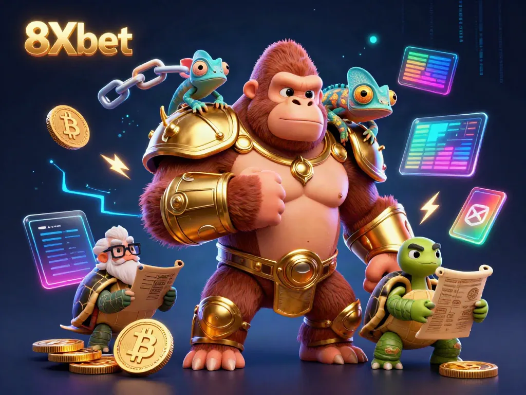 Immerse in the vibrant world of 8Xbet, featuring a gorilla king and clever chameleon in a dynamic gambling scene.