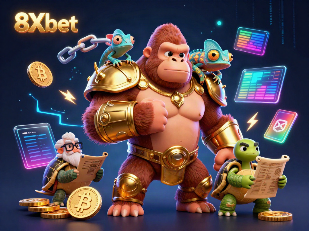 Immerse in the vibrant world of 8Xbet, featuring a gorilla king and clever chameleon in a dynamic gambling scene.