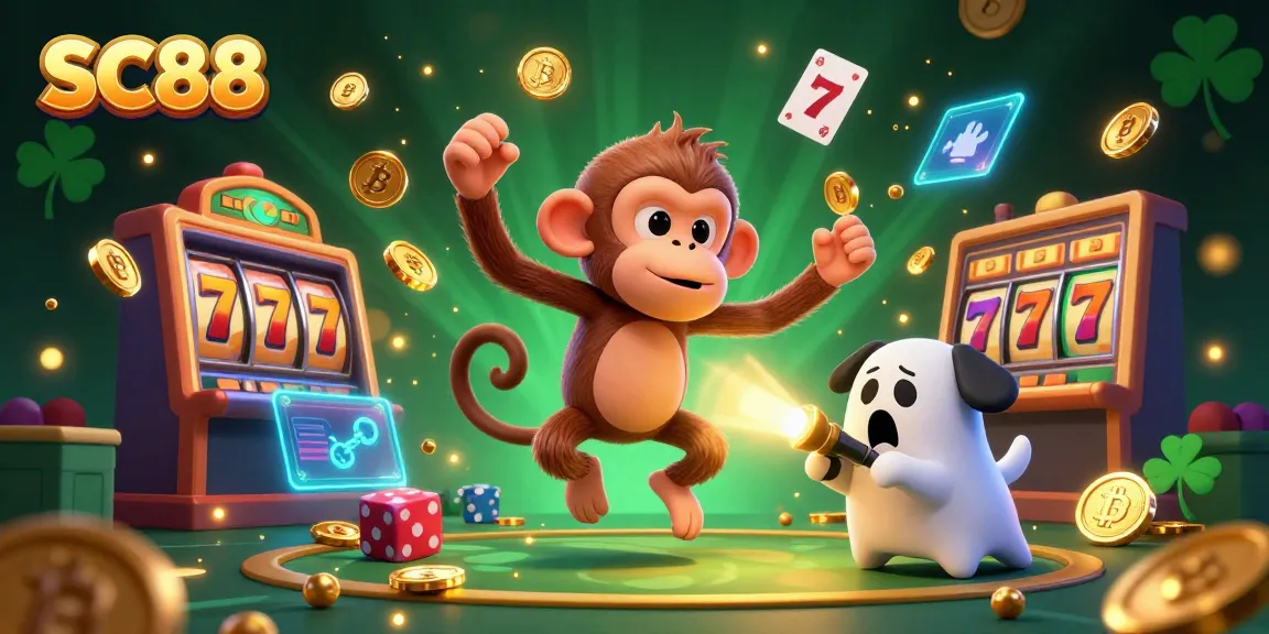 Track the golden jackpot with SC88's playful poltergeist and ghost-hunter puppy in a dynamic casino scene.