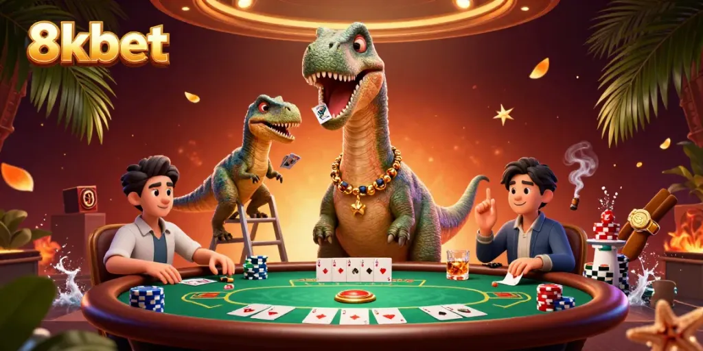 Engage with 8xbet as a playful brontosaurus oversees a dynamic poker game, illustrating excitement.