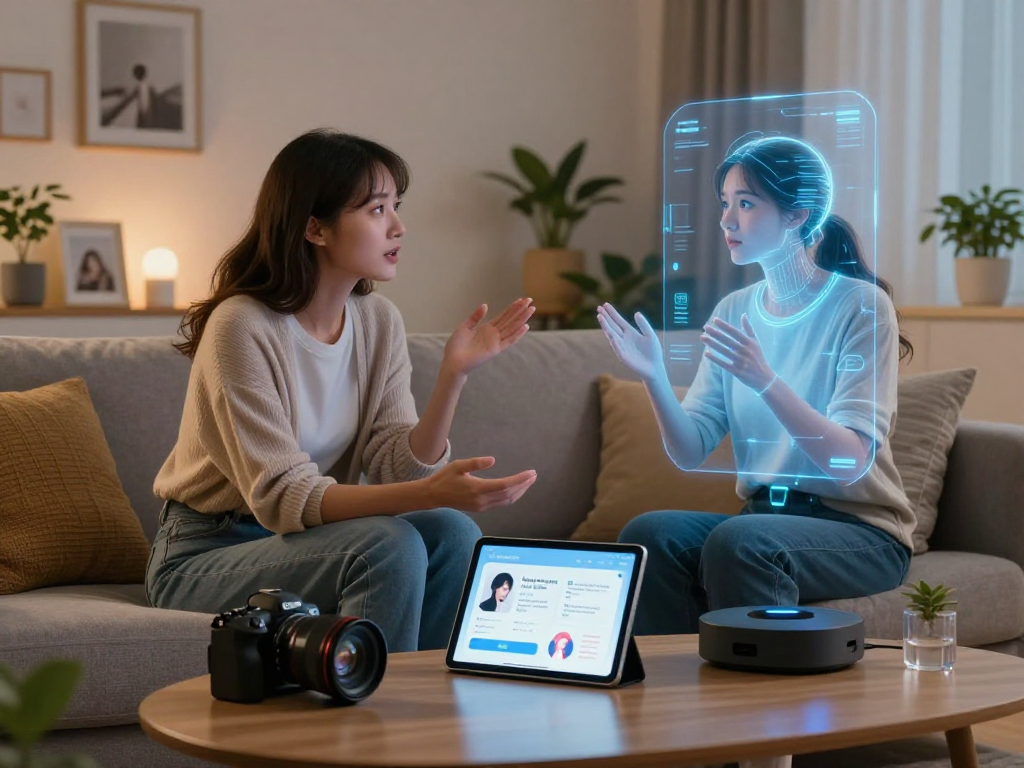 AI girlfriend engaging in a conversation with a user in a modern living room, showcasing intelligent companionship.