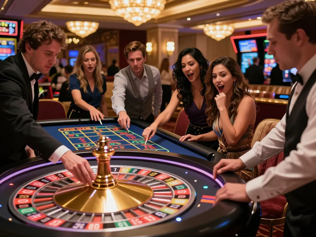 Sao789 players engaging at a roulette table with excitement and vibrant casino atmosphere.