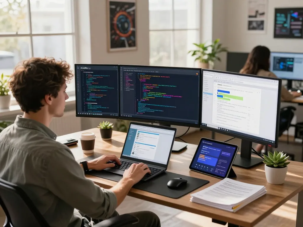 Moltbot personal AI assistant showcased in a modern workspace with multiple screens of code and chat interfaces.