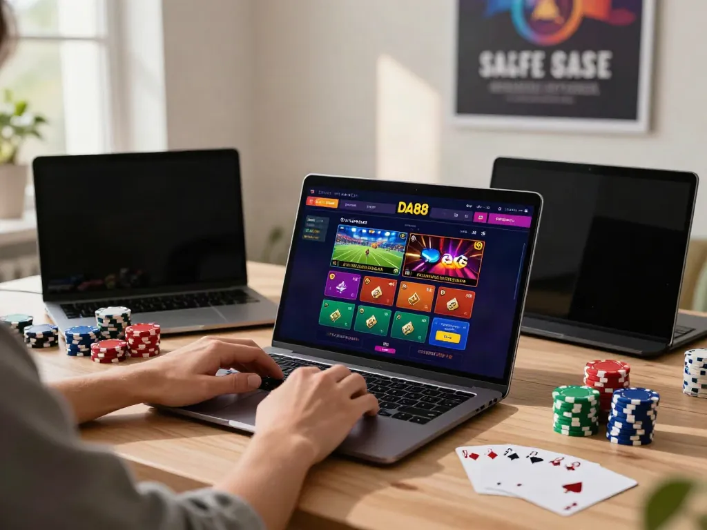 Engaging DA88 online gambling experience with vibrant gaming interface and cozy home office setting.