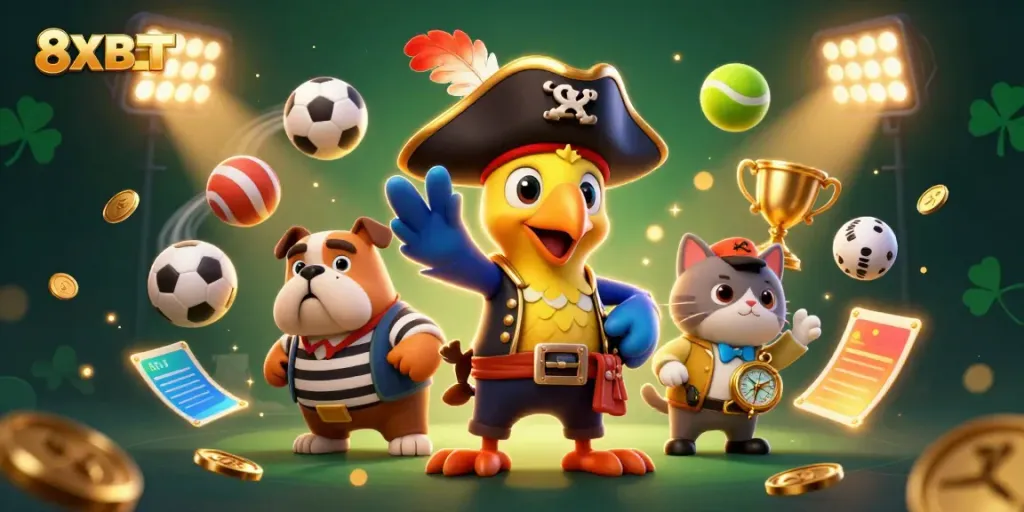 8XBET enhances excitement with vibrant 3D pirate-themed casino scene featuring lively characters and dynamic gaming elements.