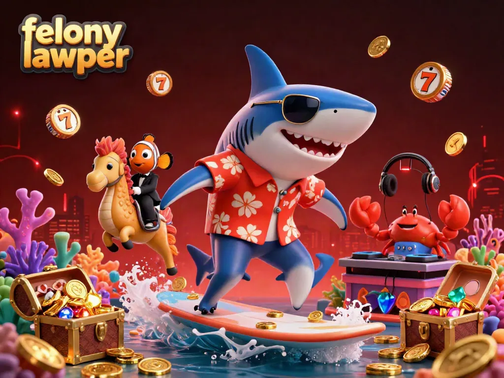 Experience a vibrant casino scene with a felony lawyer theme featuring characters surfing on a wave of gold coins and slot reels.