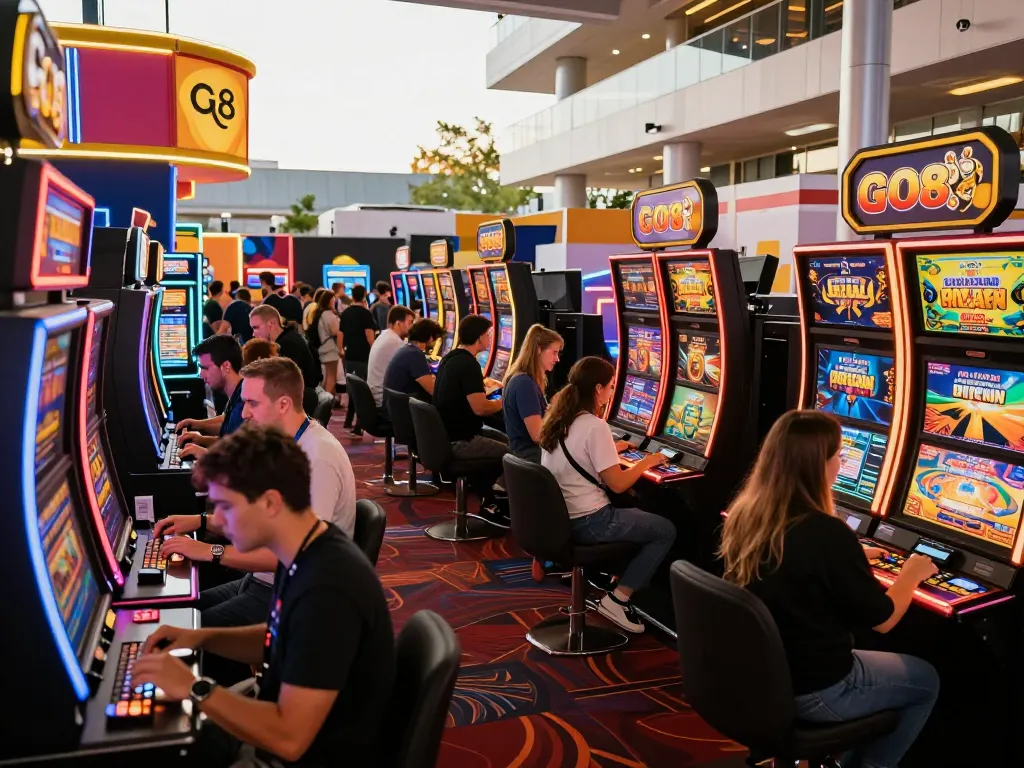 GO8 casino expo attendees enjoying gaming innovations at vibrant outdoor event.