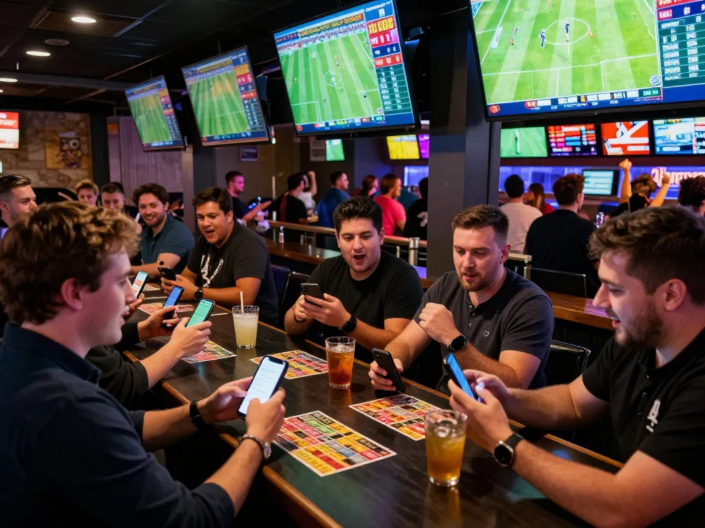 Cheerful group enjoying ดูบอล while placing bets live in a vibrant sports bar atmosphere