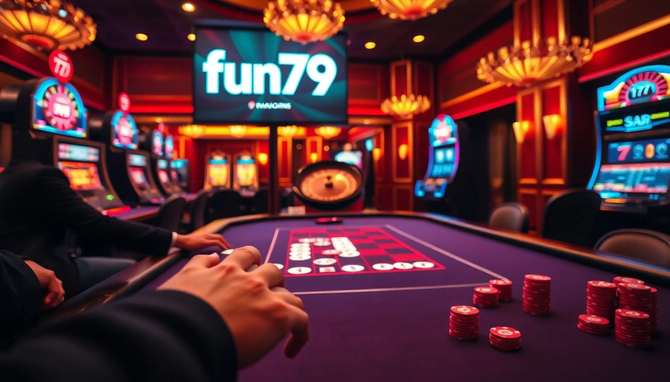 Experience tense moments at a poker game featuring fun79 branding and vibrant casino elements.