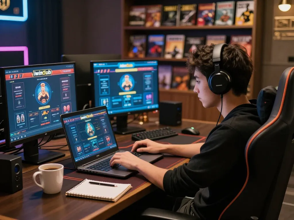 Engaging with iwinclub online games, a player analyzes strategy at home in a cozy setting.