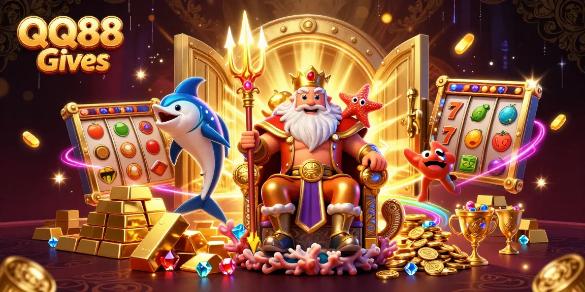 Experience the thrill of QQ88 Gives with Neptune, treasure, and slot game elements in a vibrant casino scene.