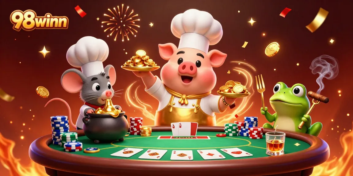 Experience the vibrant world of gambling with 98winn, featuring culinary delights of gold coins in a lively casino.