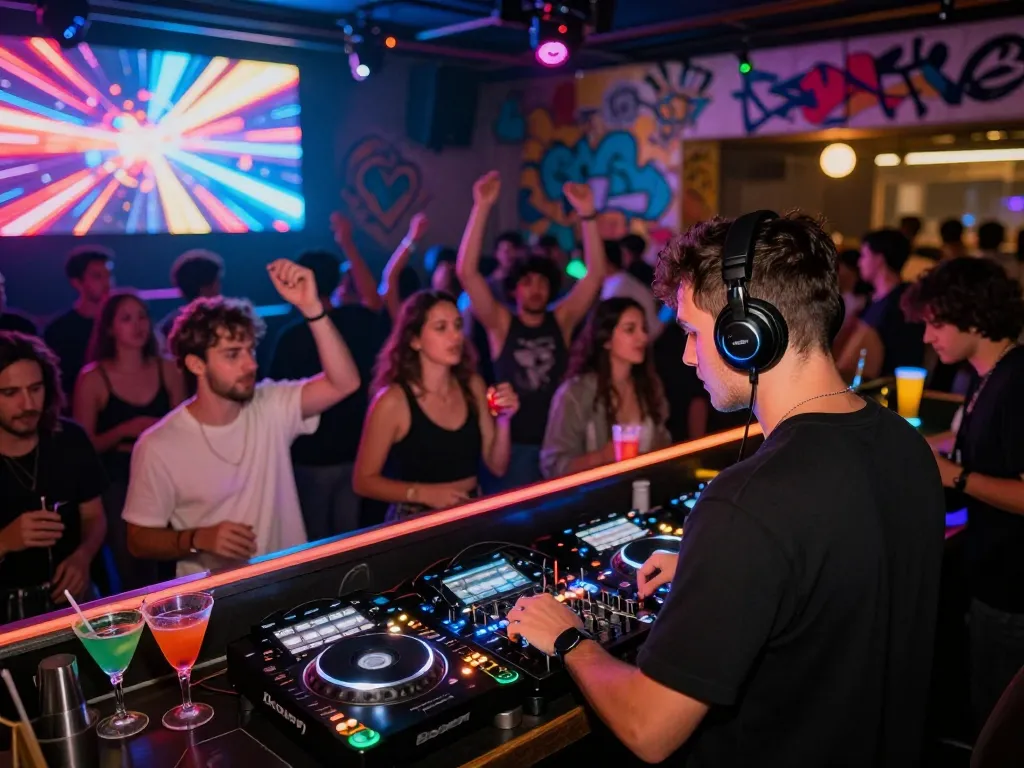 8Day electronic music event with DJ performing live set, vibrant crowd enjoying the atmosphere.