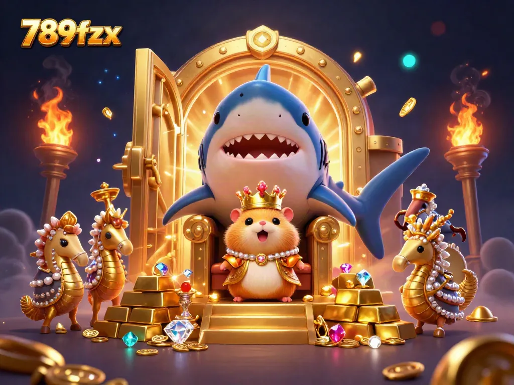 Experience the royal riches of 789fzx with a golden hamster king and treasures in a vibrant casino-themed illustration.
