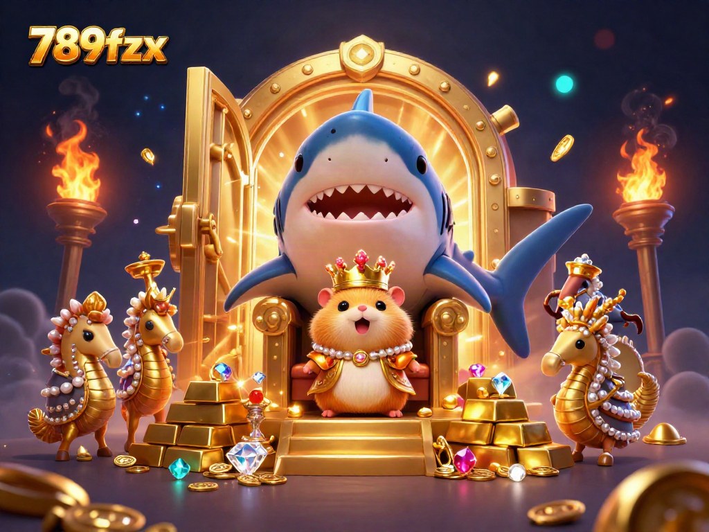 Experience the royal riches of 789fzx with a golden hamster king and treasures in a vibrant casino-themed illustration.