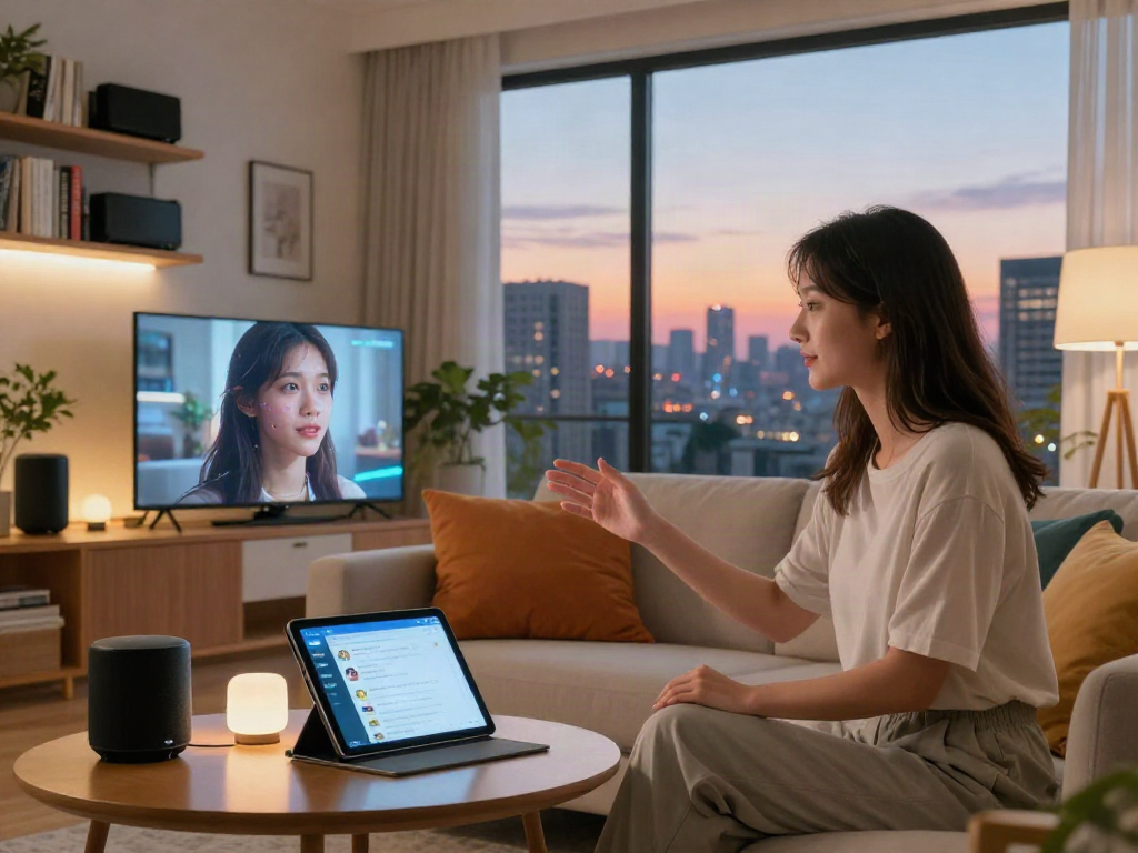 Engaging interaction with AI girlfriend hologram in a cozy living room