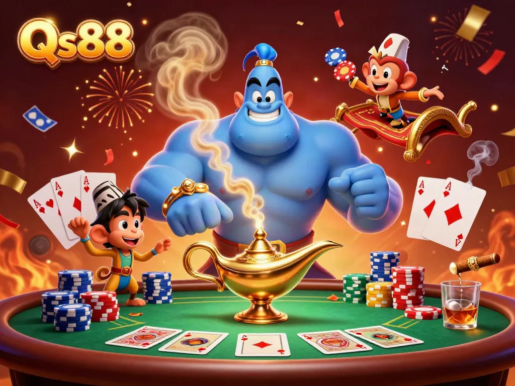 Experience the thrill of Qs88 with a vibrant scene featuring a genie and poker elements.