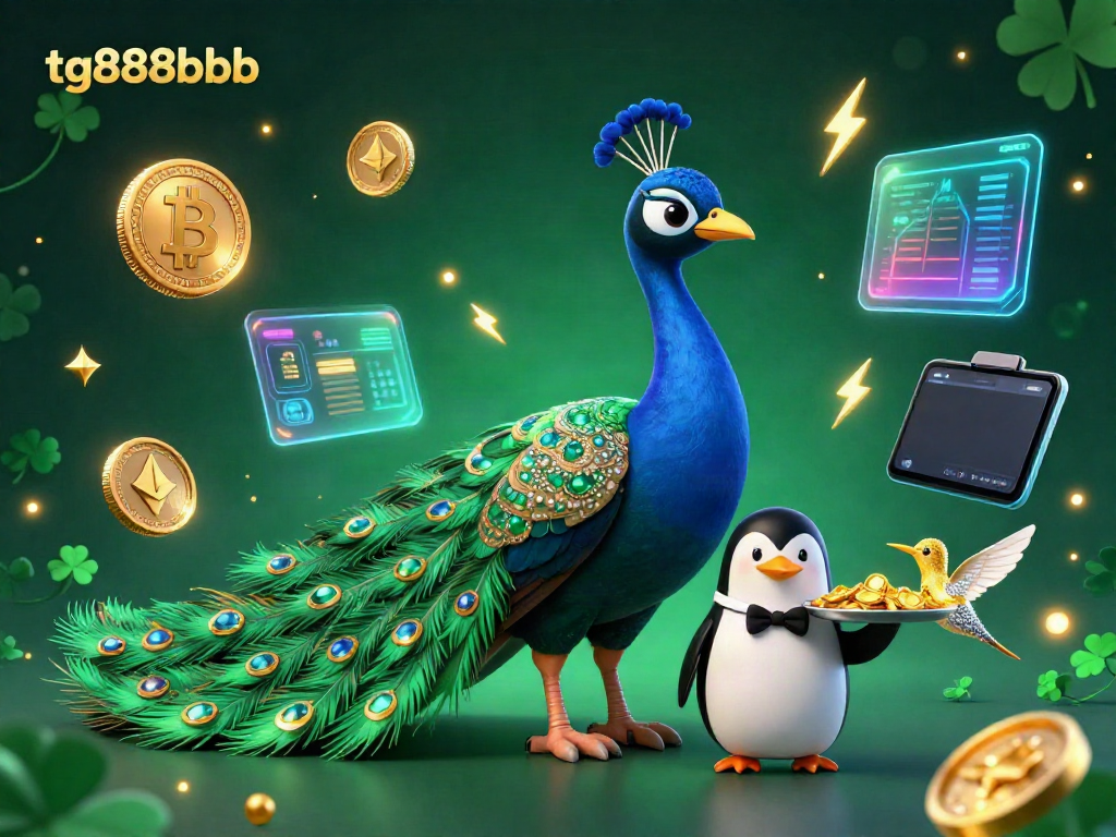 Experience the vibrant atmosphere of tg888bb with colorful casino elements, showcasing a peacock and a penguin.