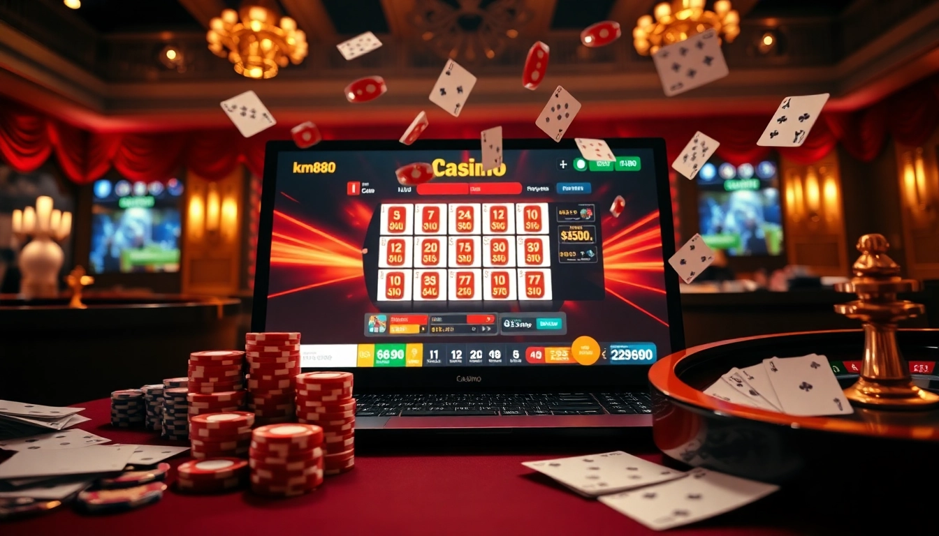 Engaging casino action at km888 featuring vibrant poker chips and a roulette wheel.
