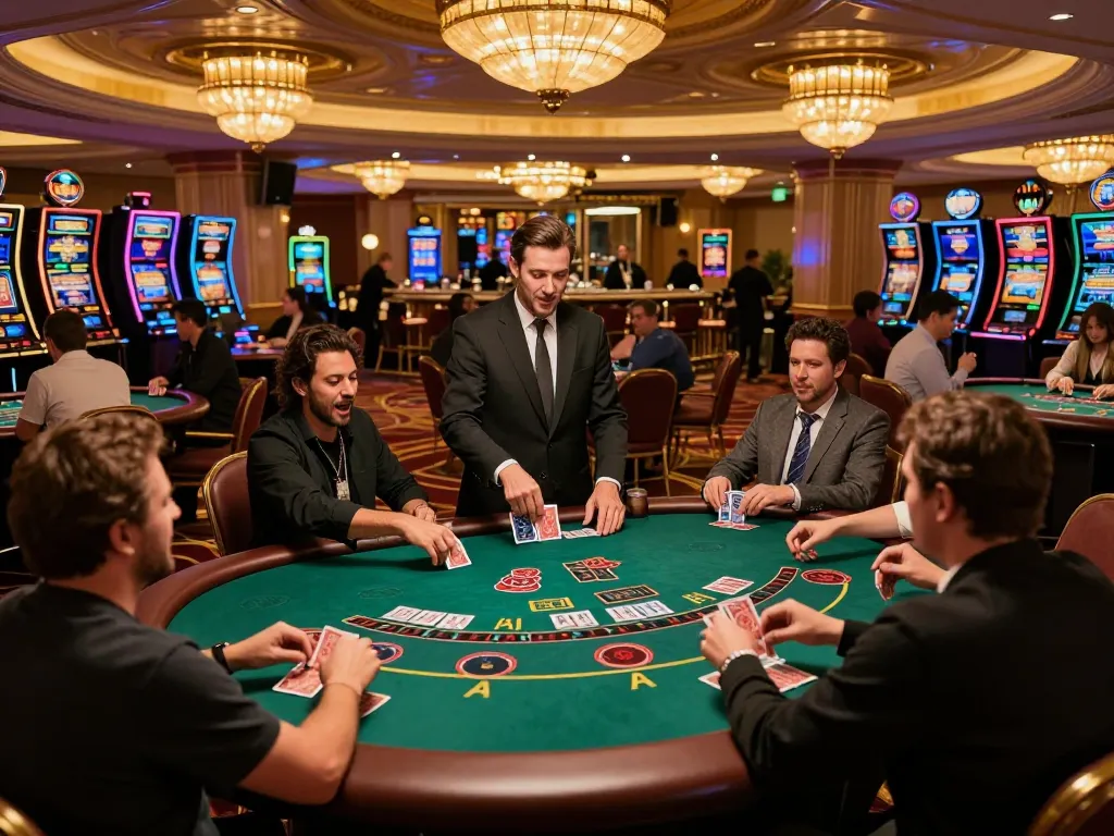 Onbet players strategizing at a high-stakes blackjack table in a vibrant casino atmosphere