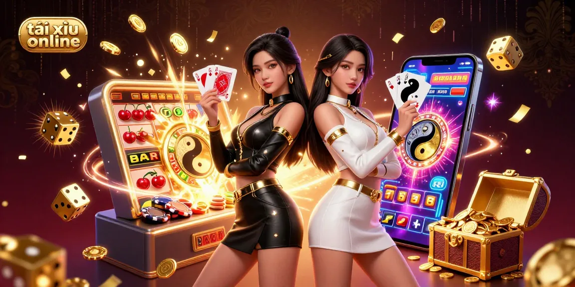 Experience the excitement of tài xỉu online with a vibrant illustration of skilled players, glamorous cards, and casino elements.