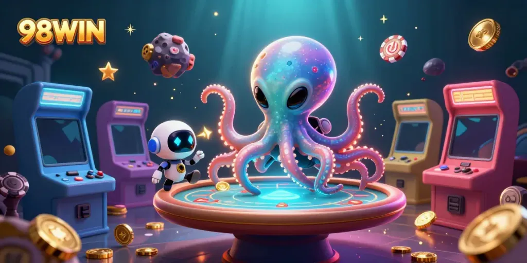 Engage in a thrilling poker game with 98WIN featuring an alien octopus and a tiny robot in a vibrant casino scene.