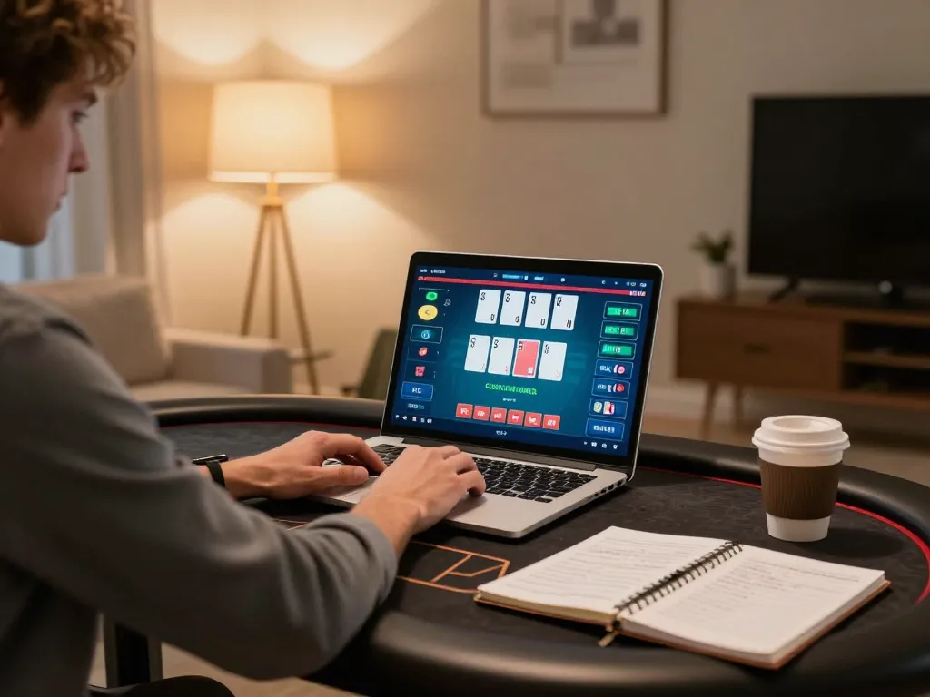 C168 player engaging in strategic online poker game at home, focused on laptop screen.