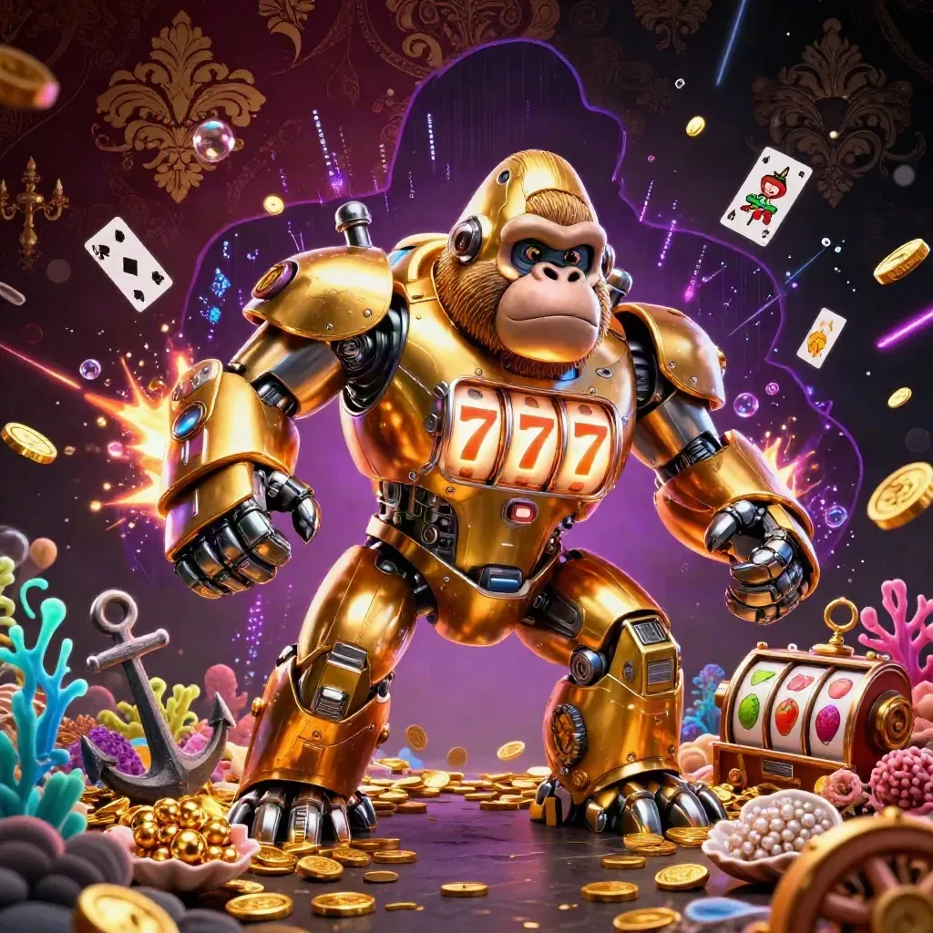 Golden gorilla mech with monkey pilot amid treasure cove, reels, coins, coral and neon casino glow.