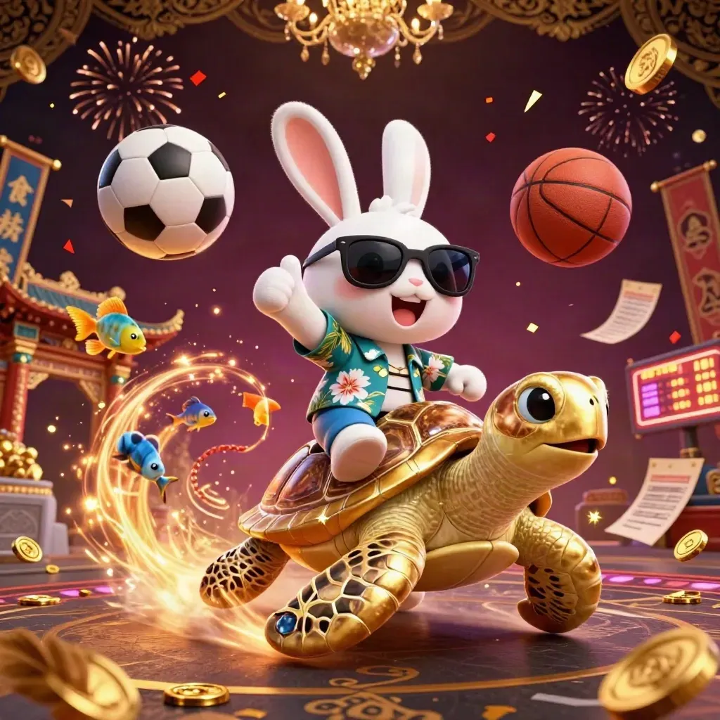 Lucky rabbit rides a golden turtle amid casino sports icons, gold confetti and purple lights.