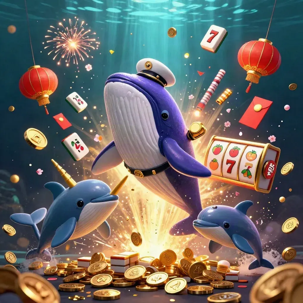Giant cartoon whale, narwhal and dolphins burst through coins with lanterns and jackpot symbols.