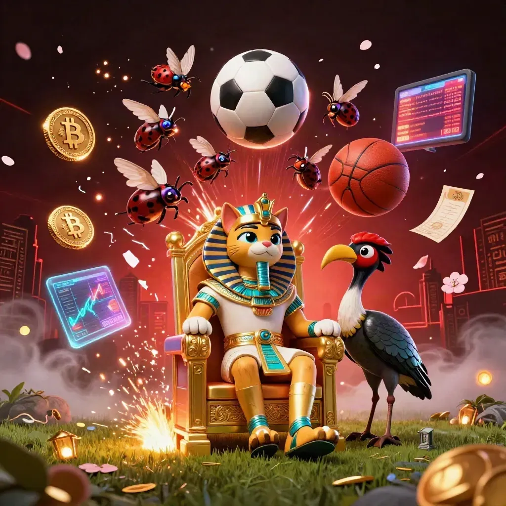 Pharaoh cat, ibis scribe and gem-winged scarabs amid flying sports and casino effects.