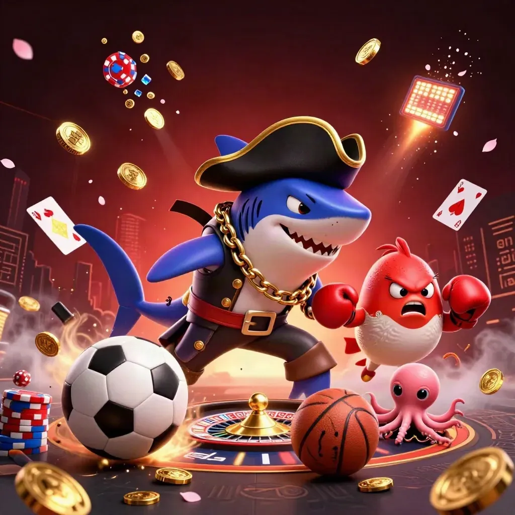 Shark pirate, boxing pufferfish and juggling octopus amid flying casino props and lights.