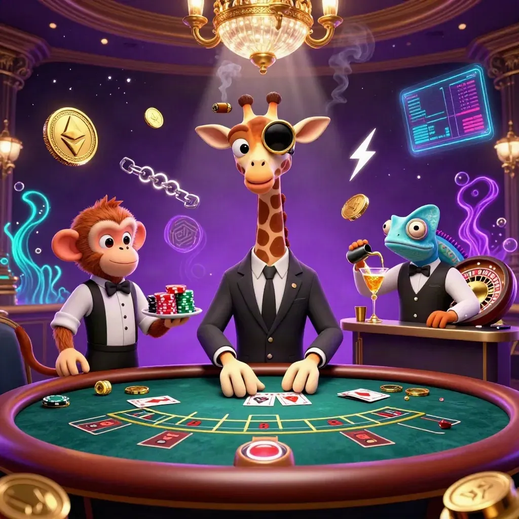 Giraffe, monkey, and chameleon in a luxe purple casino scene with glowing coins and neon effects.