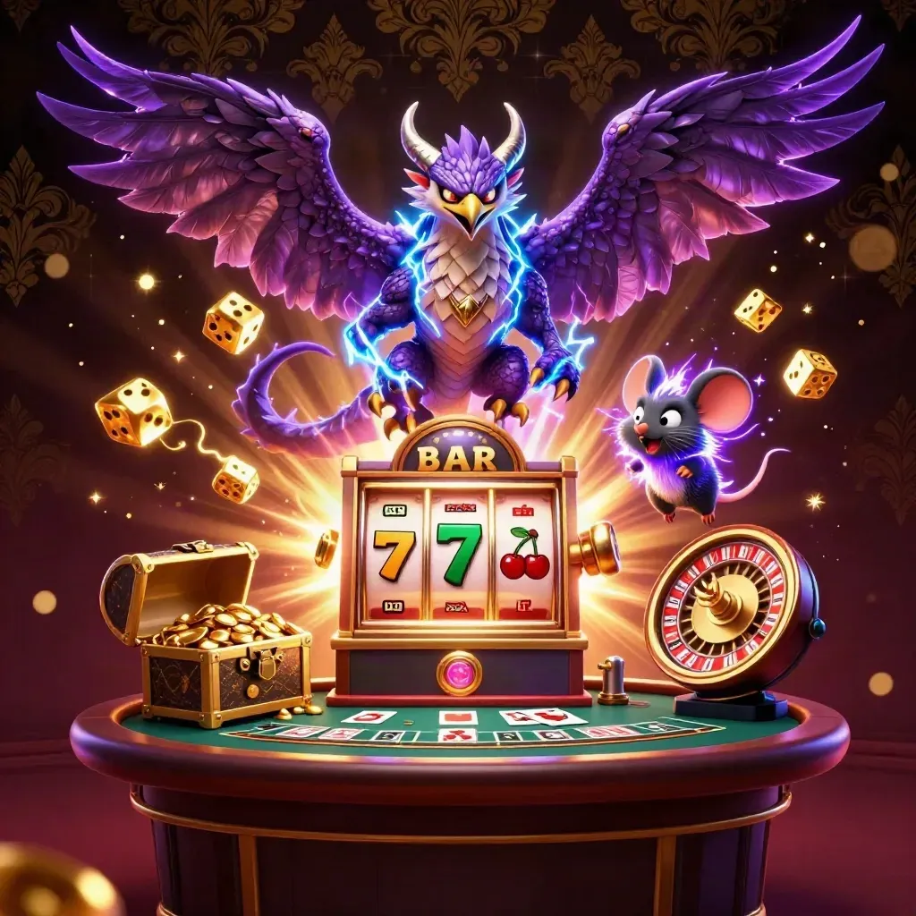 Thunder dragon, wind hawk and static mouse in a lavish casino burst of gold and lightning.
