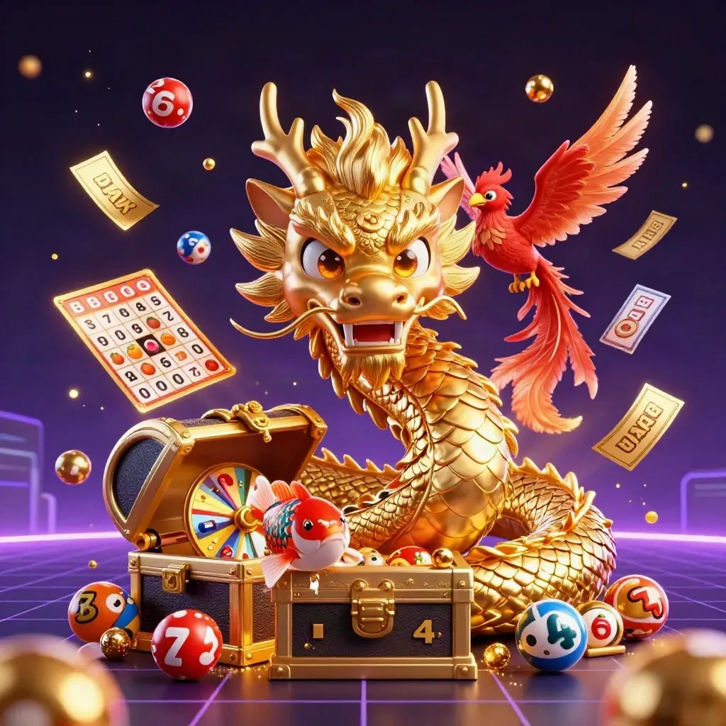 Golden dragon, phoenix and koi burst from treasure with casino bonuses and neon effects.