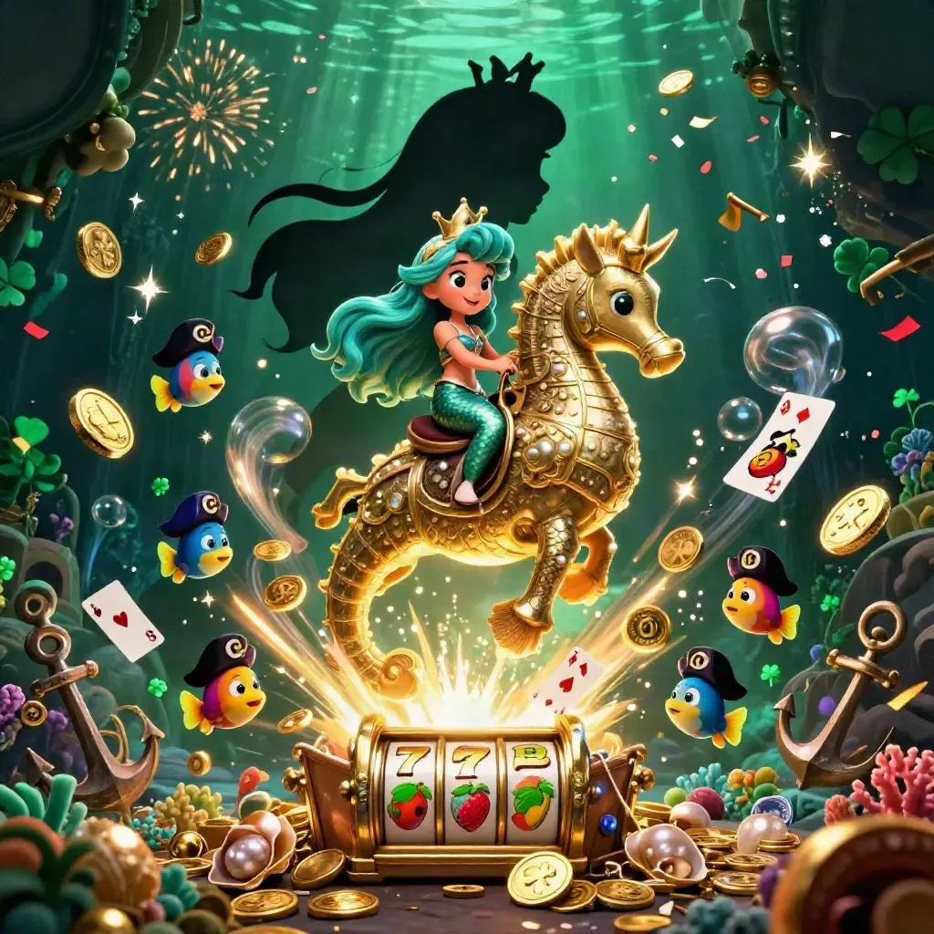 Mermaid princess on a gold seahorse amid treasure, coins, fireworks and pirate fish