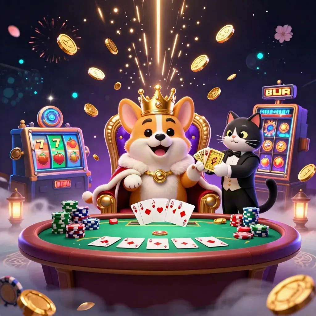 Royal corgi and cat butler amid coins, chips, reels and fireworks in a luxe casino splash