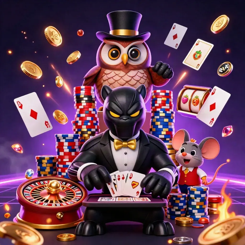 Panther, owl, and mouse amid coins, chips, reels, and roulette in a neon casino burst.