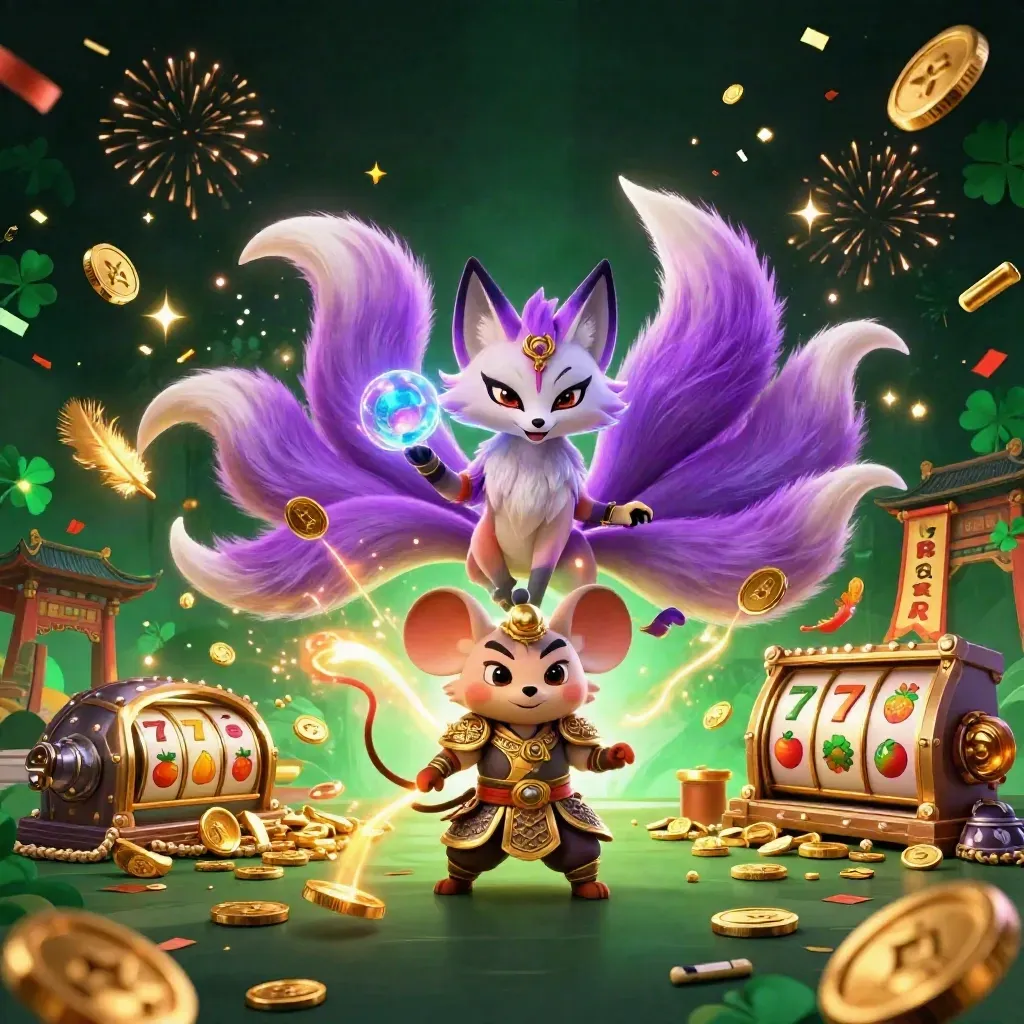 Fox spirit and samurai mouse amid vault coins, temple gate, fireworks, and casino symbols.