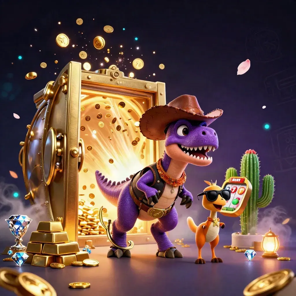 Cowboy T-Rex, cactus sidekick and sheriff roadrunner amid a bursting golden vault and casino loot.