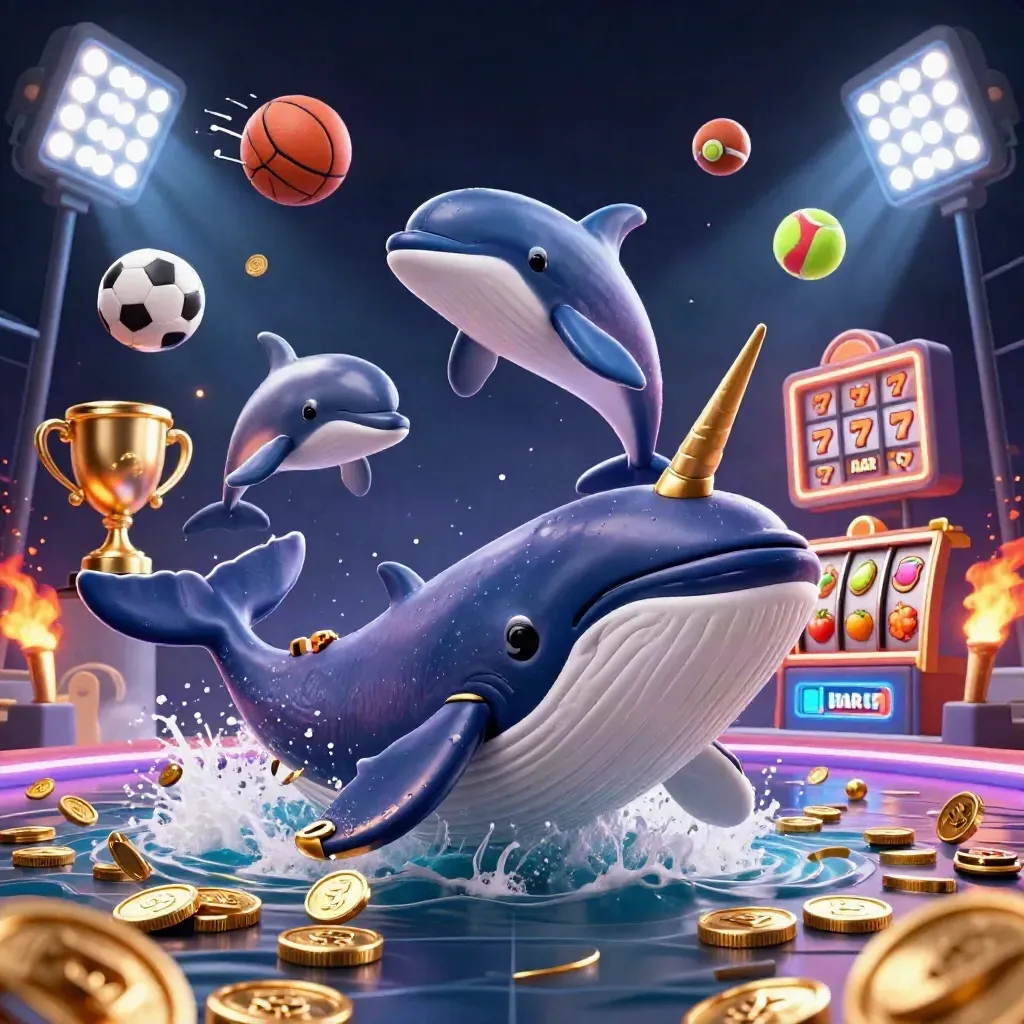 Whale captain, narwhal and dolphins erupting from coins with slot symbols and casino lights.