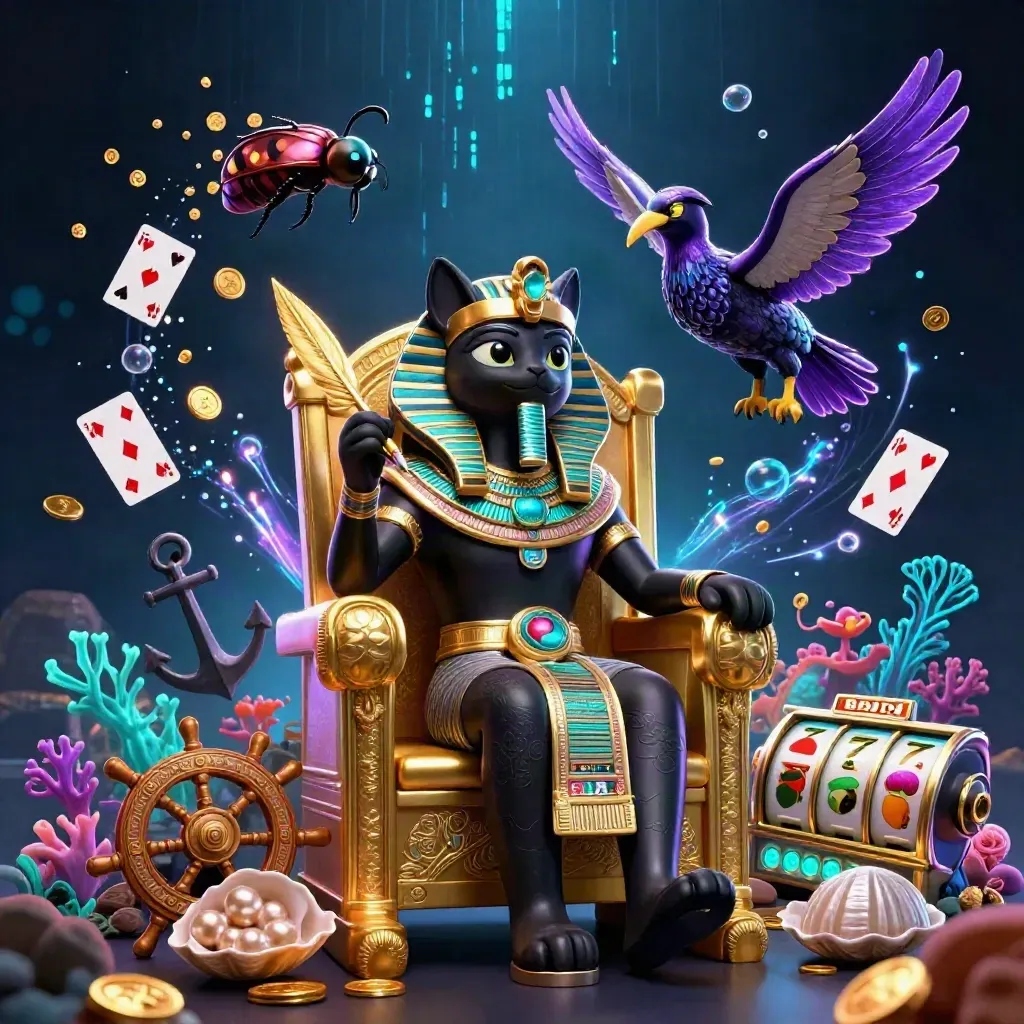 Pharaoh cat throne with ibis, scarabs, treasure cove, casino reels and neon cyan glow.