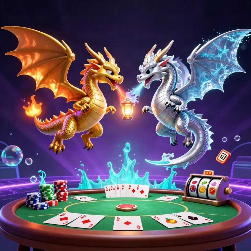 Twin gold and silver dragons spiral with casino props and neon glow, premium mobile-game key art.