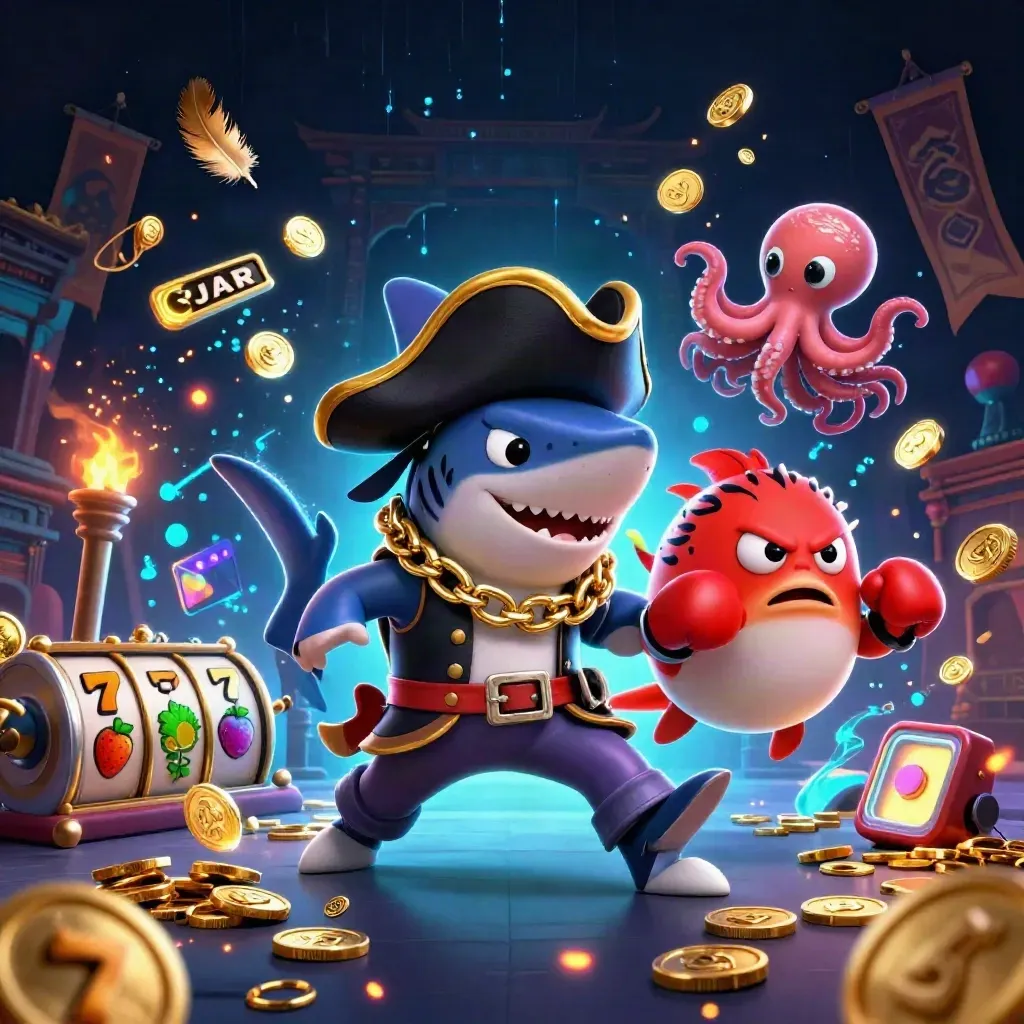 Cartoon pirate shark, boxing pufferfish and coin-juggling octopus in neon casino chaos