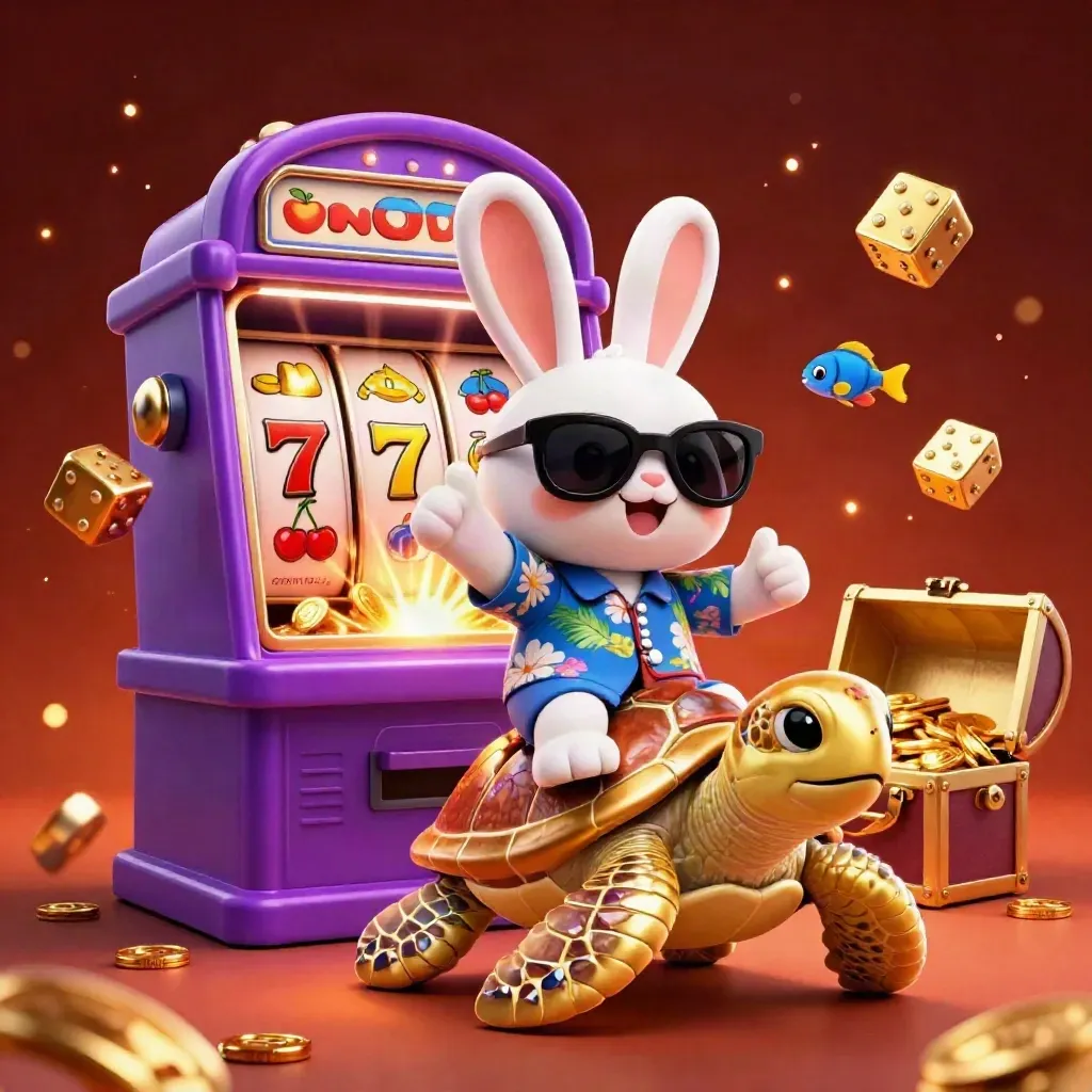 Lucky rabbit rides a gem-shell sea turtle as slots, coins and gold burst in a purple casino splash